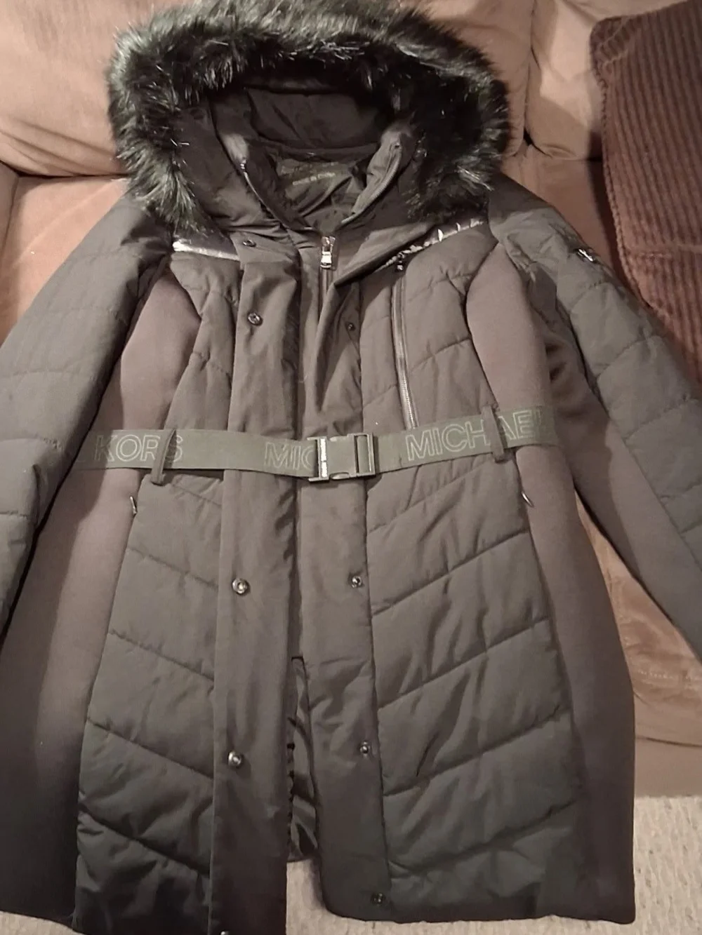 Michael Kors Black Quilted Hooded Belted Puffer Coat